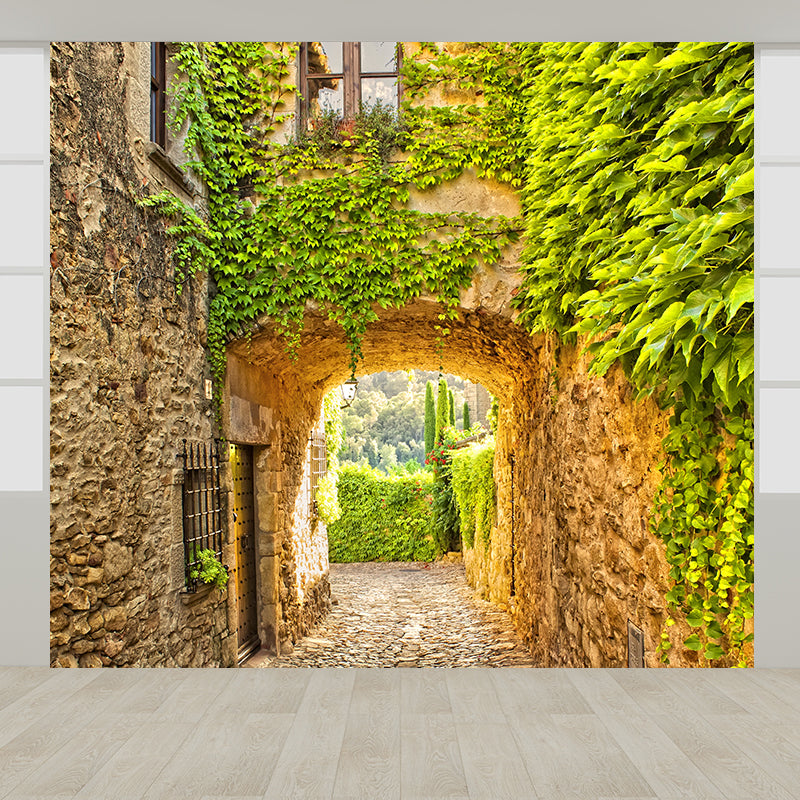 Contemporary Stone Building Wall Mural Green Decorative Wall Covering for Living Room