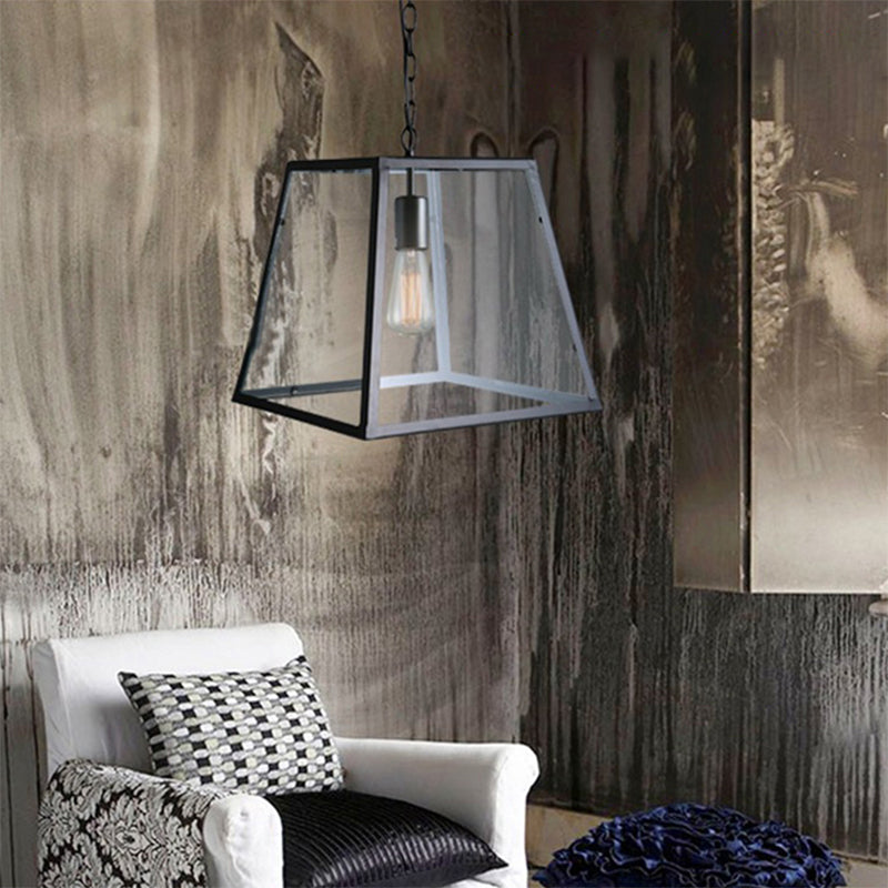 Industrial Trapezoid Pendant Lighting 1 Light Clear Glass Hanging Light Fixture in Black, 7" /12" Wide