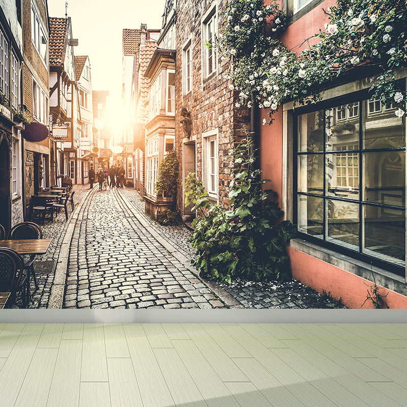 Pewter Morning Town Mural Wallpaper Moisture Resistant Wall Covering for Dining Room