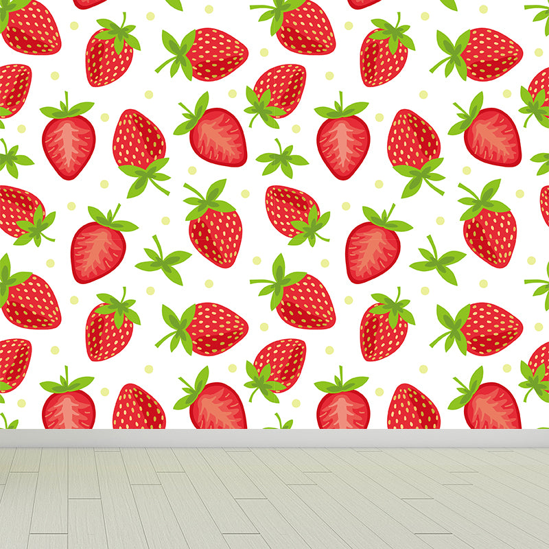 Large Ripe Strawberries Mural Wallpaper Modern Fresh Fruits Wall Covering in Red
