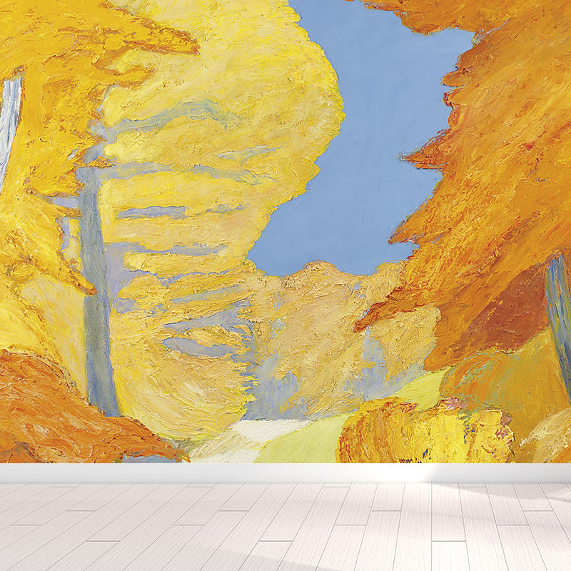 Fall Forest and Path Mural Modern Art Non-Woven Material Wall Covering in Yellow