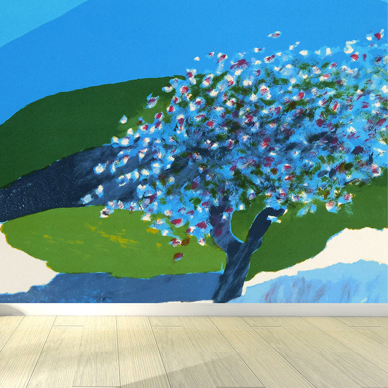 Modern Aesthetics Girls Mural Wallpaper Mountains and Flowers Blue Wall Covering