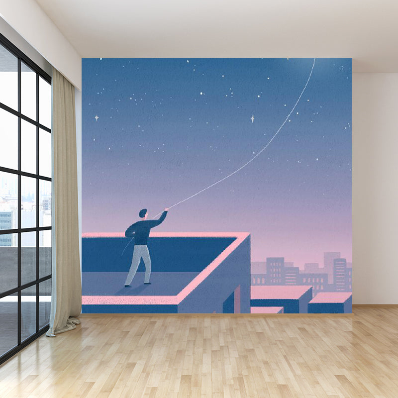 Moon and Cityscape Mural Wallpaper Blue Contemporary Wall Covering for Living Room