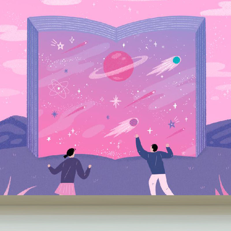 Modern Starry Night Mural Wallpaper for Boys Bedroom Full Size Wall Covering in Pink