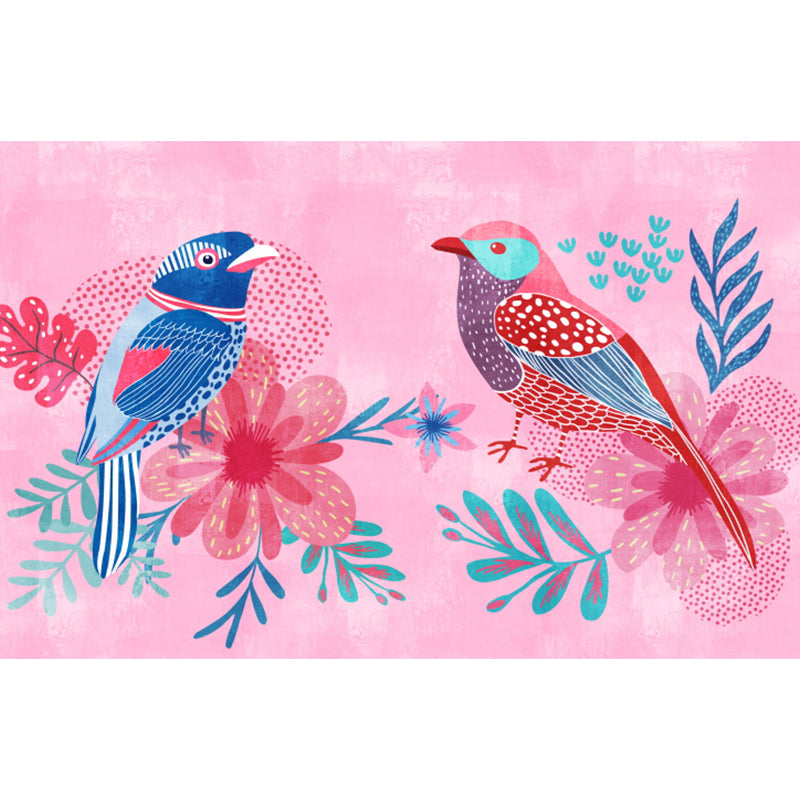 Tropical Teenagers Mural Wallpaper Nature Bird Twins and Leaves Pink Wall Covering