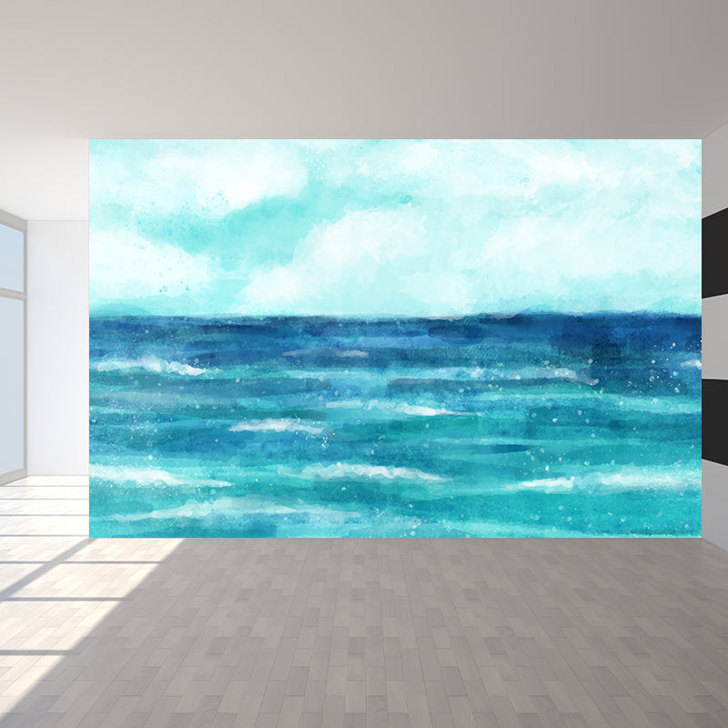 Watercolor Ocean Mural Decal Modern Non-Woven Textured Wall Decor in Light Color
