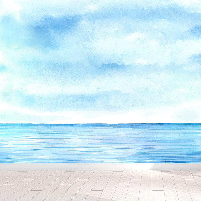 Watercolor Ocean Mural Decal Modern Non-Woven Textured Wall Decor in Light Color