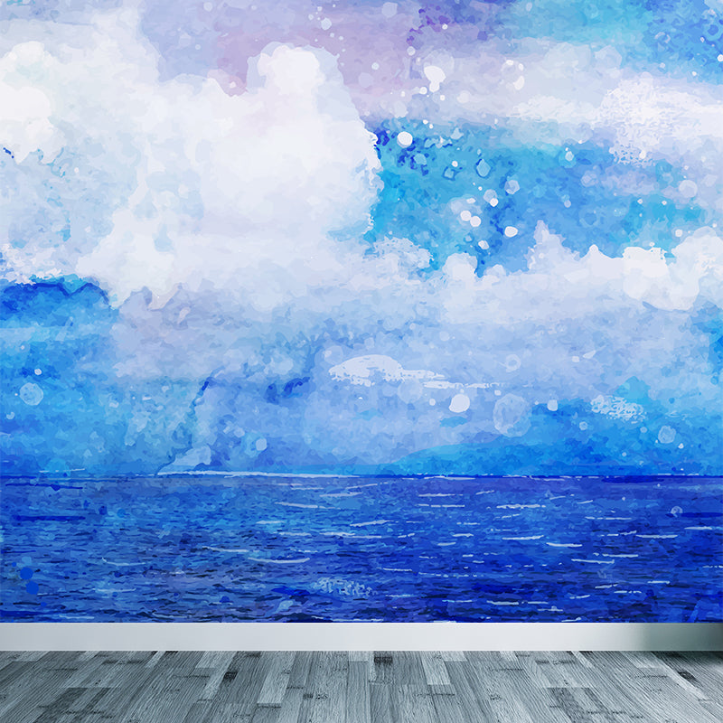 Watercolor Ocean Mural Decal Modern Non-Woven Textured Wall Decor in Light Color