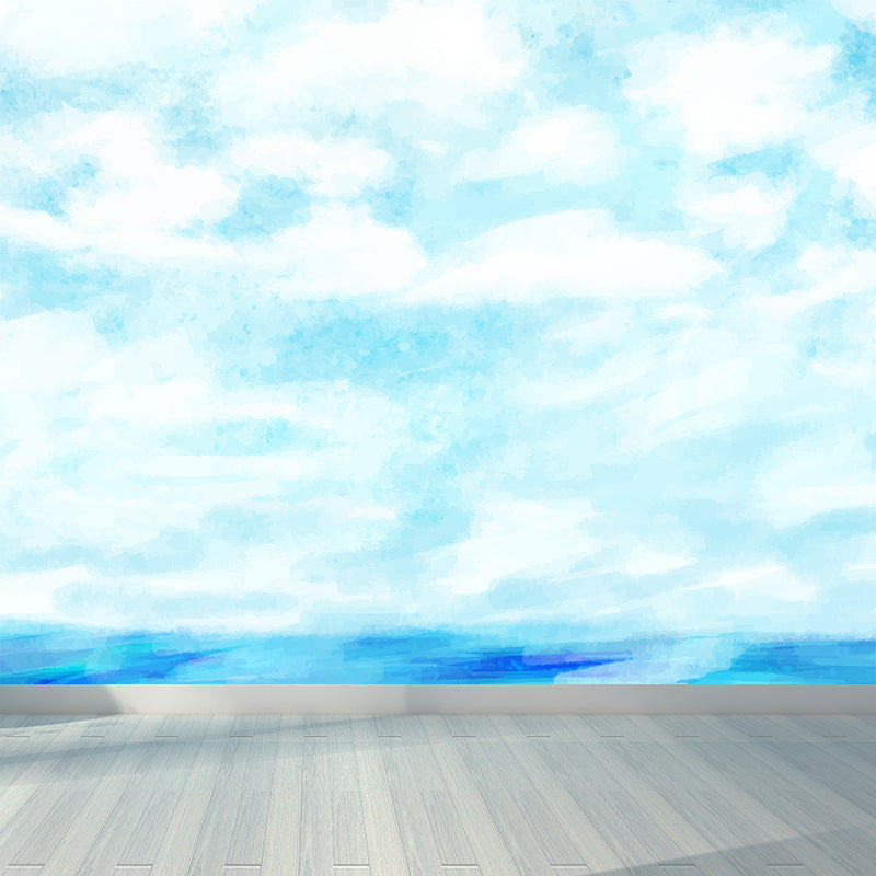 Watercolor Ocean Mural Decal Modern Non-Woven Textured Wall Decor in Light Color