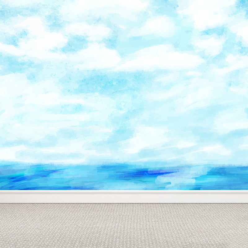 Watercolor Ocean Mural Decal Modern Non-Woven Textured Wall Decor in Light Color