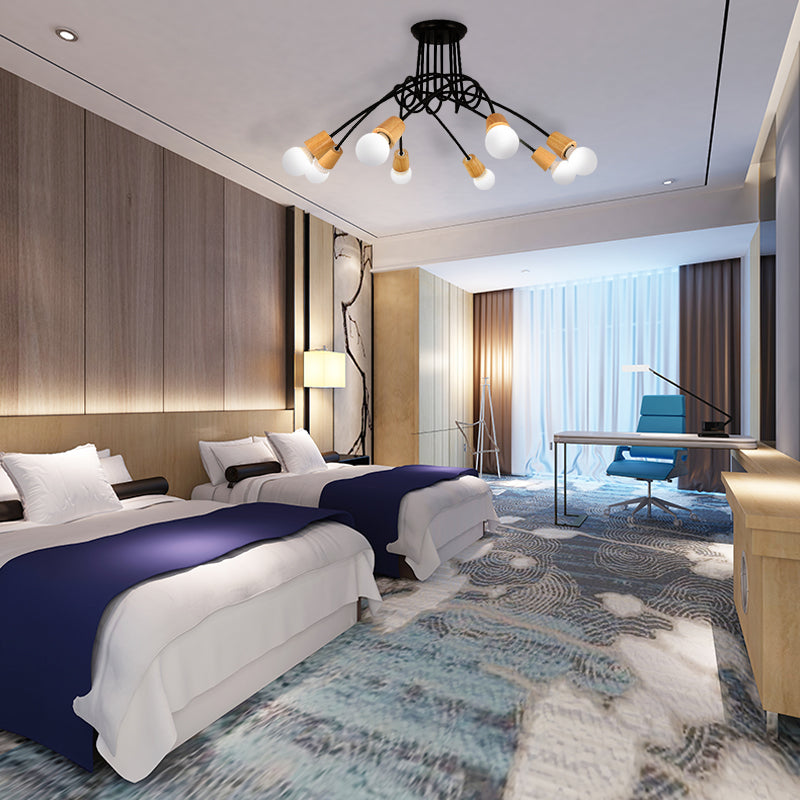 Metal Open Bulb Ceiling Light Fixture with Twisted Arm Loft Style 3/5 Lights Kitchen Semi Flush Pendentif Light in Wood