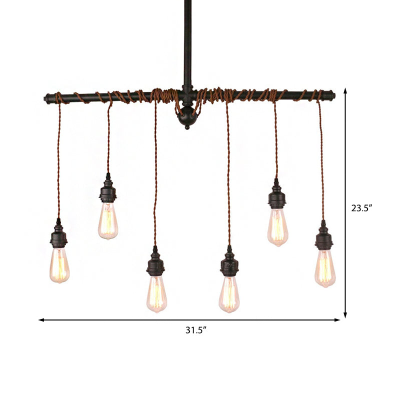 Black Finish Tubing Pendant Lamp with Hanging Bulb Vintage Metallic 6-Light Indoor Ceiling Light Fixture