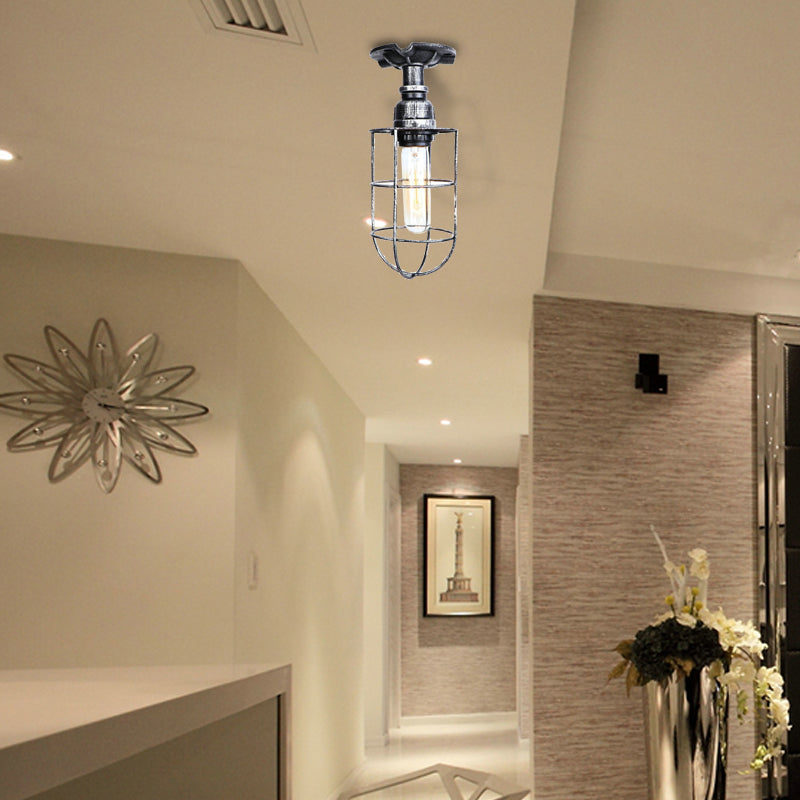 Black / Bronze 1 Bulb Semi-Flush Mount Light Vintage Metal Wire Guard Ceiling Mounted Light for Corridor