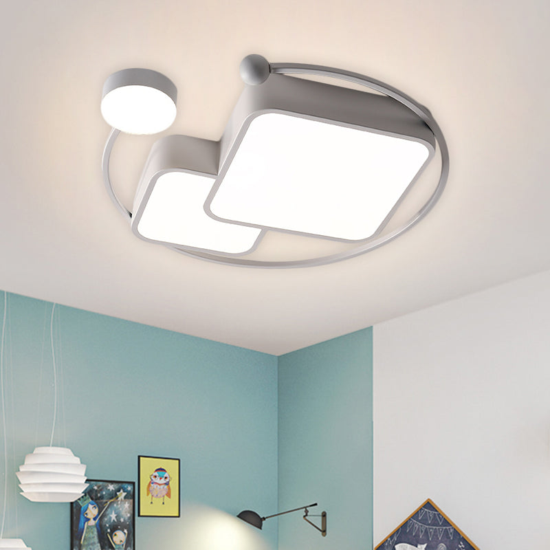 Cubic and Ring Metal Flushmount Simplicity LED White Ceiling Mounted Fixture in Warm/White/3 Color Light