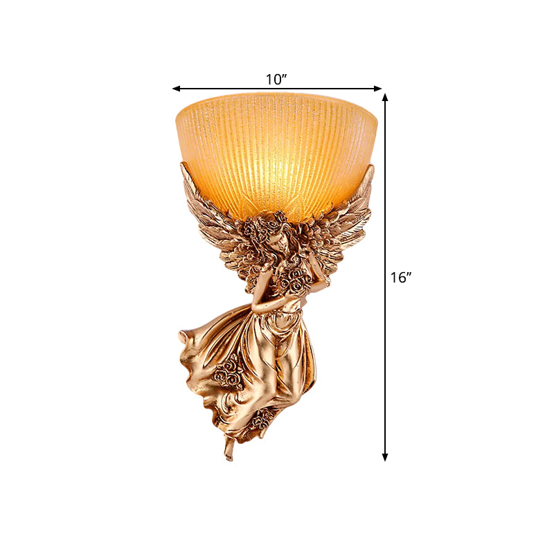 Single Bulb Angel Sconce Light Countryside Gold Resin Wall Mounted Lamp with Amber Fluted Glass Shade, Right