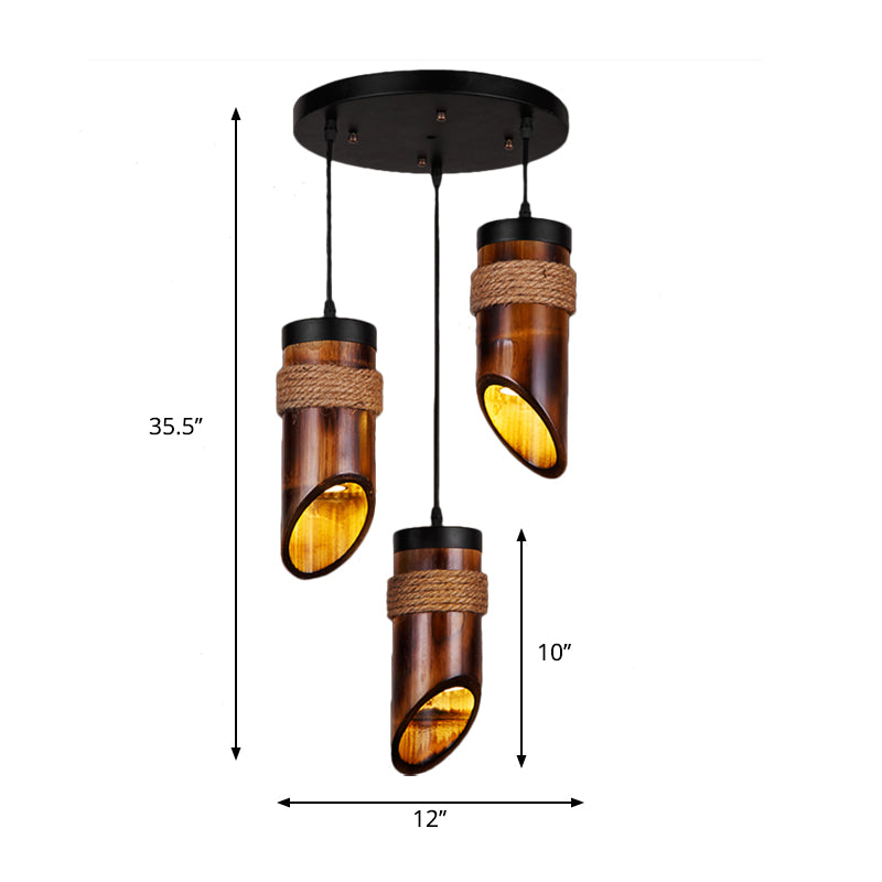 Lámpara colgante de bambú de tubo Luz de suspensión retro de tres luces en marrón para el comedor