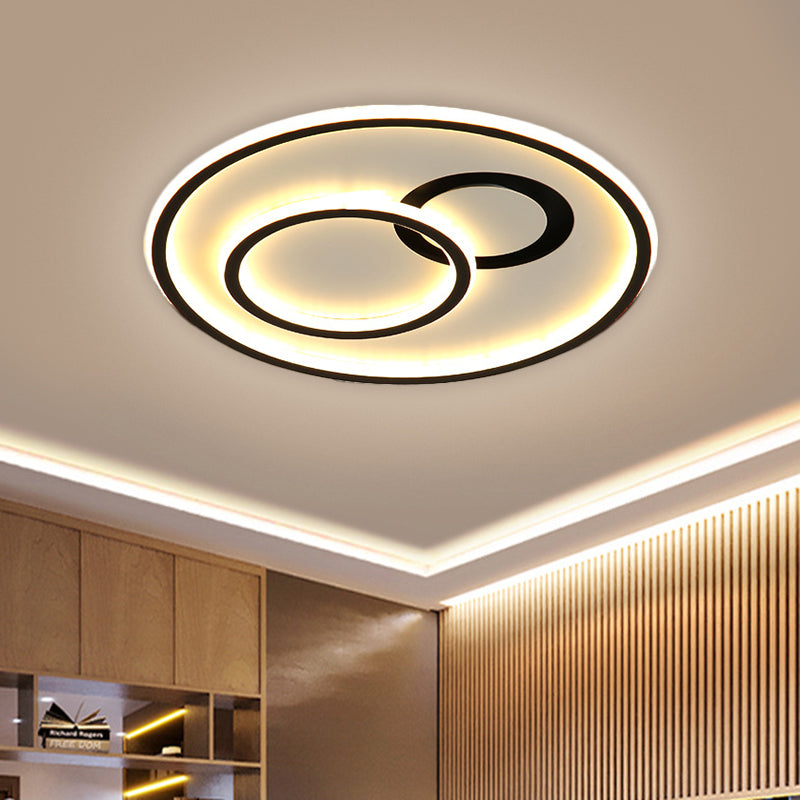 16"/19.5" W Modern Round Flush Lamp Metallic LED Parlor Ceiling Mounted Fixture in Black, 3 Color Light