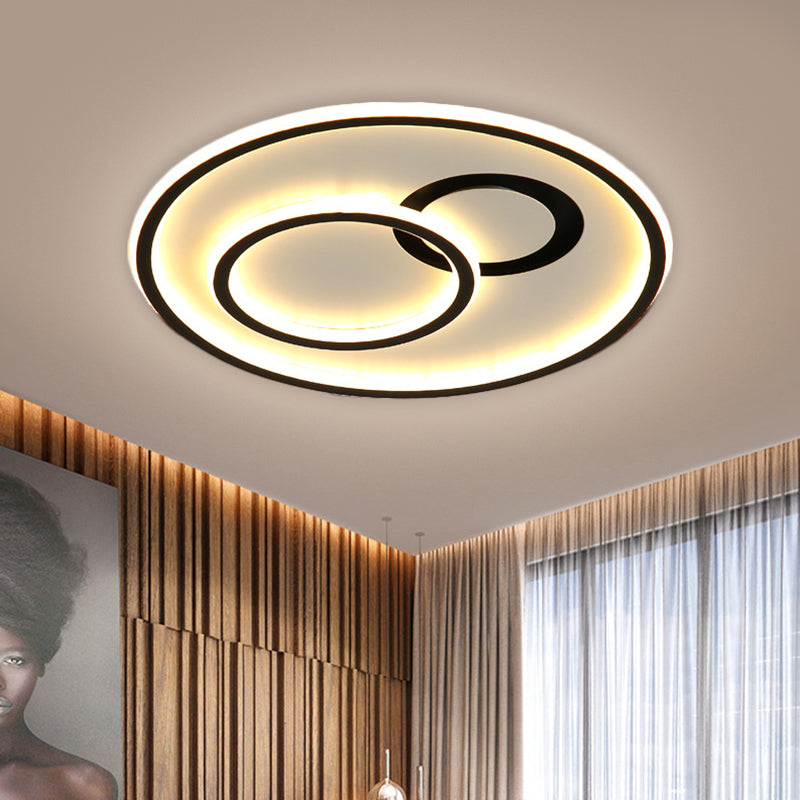16"/19.5" W Modern Round Flush Lamp Metallic LED Parlor Ceiling Mounted Fixture in Black, 3 Color Light