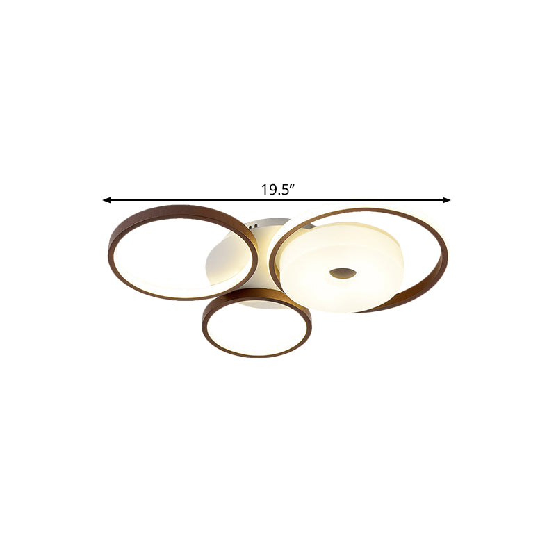 3 Rings Bedroom Flush Ceiling Light Metal 19.5"/25.5" W LED Modernism Flush Mount Lamp in Brown, Warm/White Light