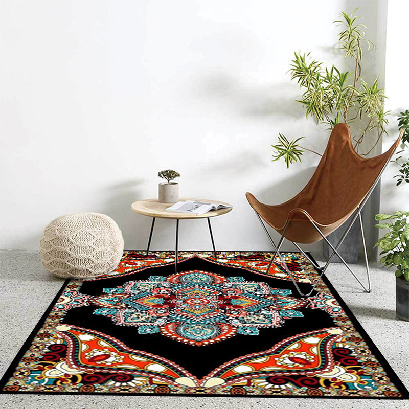 Mediterranean Moroccan Rug in Red and Black Medallion Floral Pattern Rug Polyester Anti-Slip Carpet for Home Decoration
