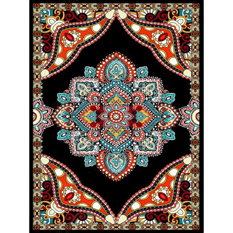 Mediterranean Moroccan Rug in Red and Black Medallion Floral Pattern Rug Polyester Anti-Slip Carpet for Home Decoration