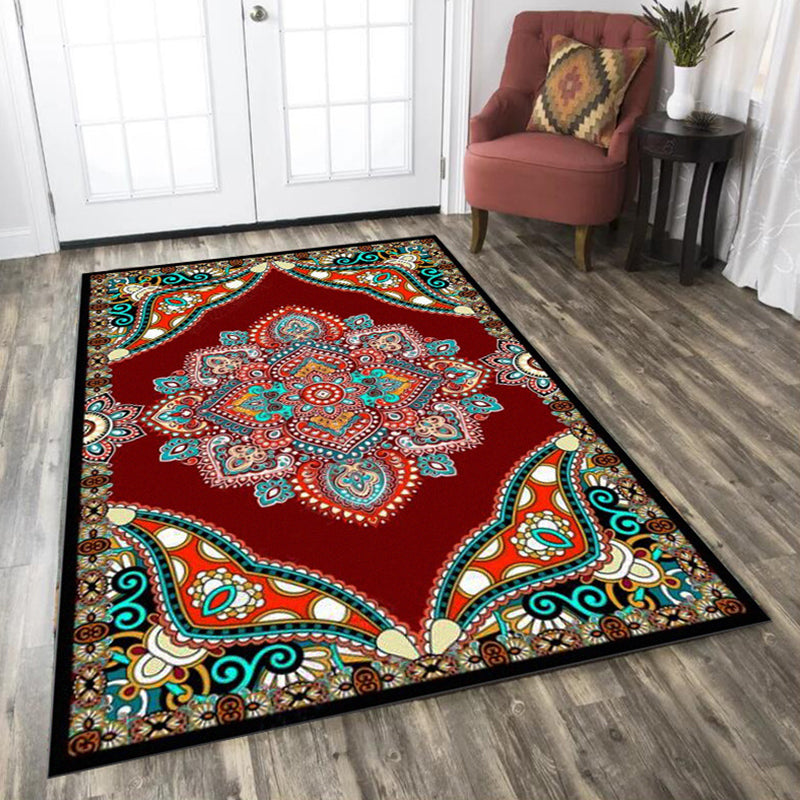 Mediterranean Moroccan Rug in Red and Black Medallion Floral Pattern Rug Polyester Anti-Slip Carpet for Home Decoration