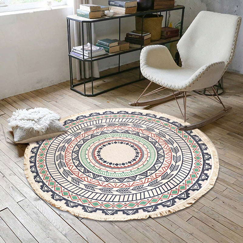 White Southwestern Rug Linen Floral and Concentric Circles Pattern Rug Washable Carpet for Living Room