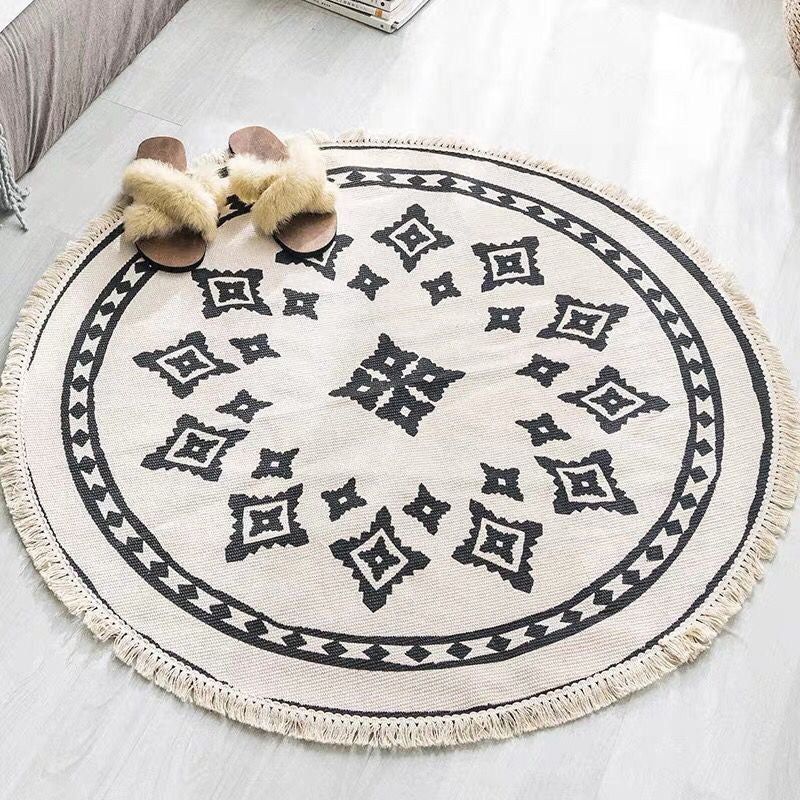 White Southwestern Rug Linen Floral and Concentric Circles Pattern Rug Washable Carpet for Living Room