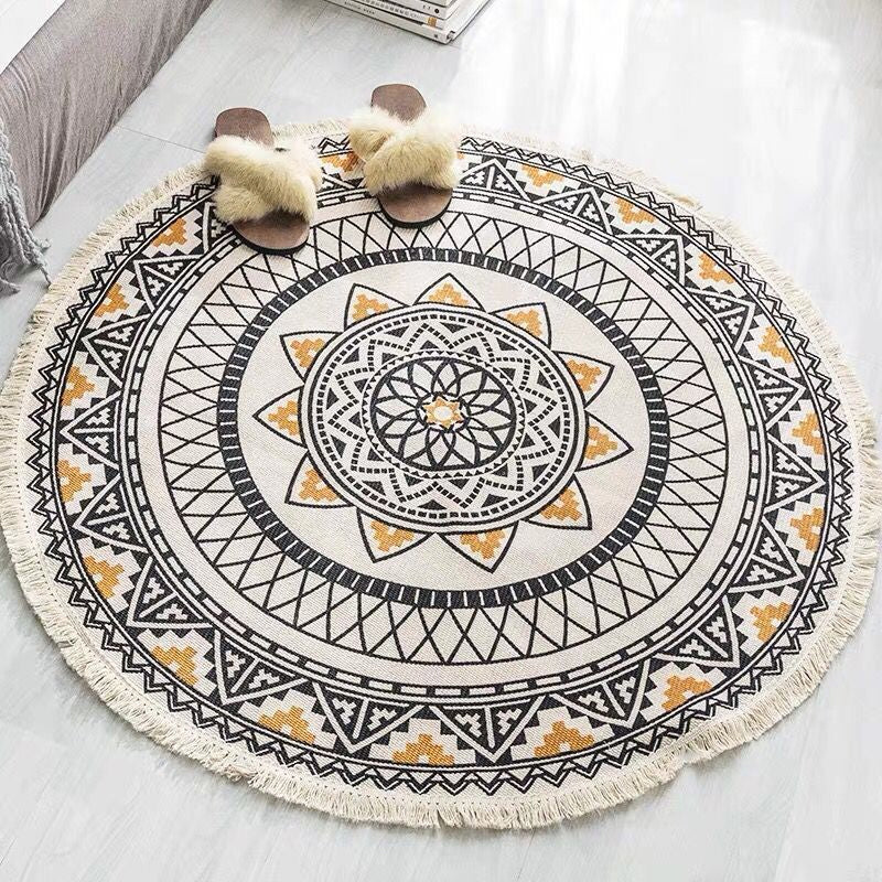 White Southwestern Rug Linen Floral and Concentric Circles Pattern Rug Washable Carpet for Living Room