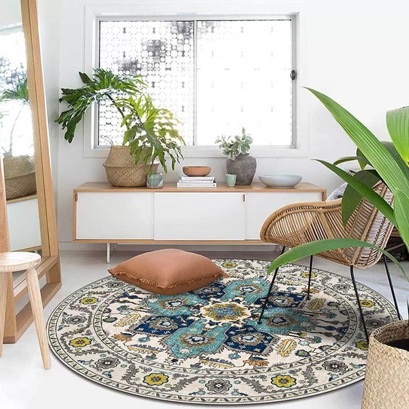 Classic Medallion Pattern Rug with Floral Blue and Red Tribal Rug Polyester Washable Anti-Slip Backing Area Rug for Living Room