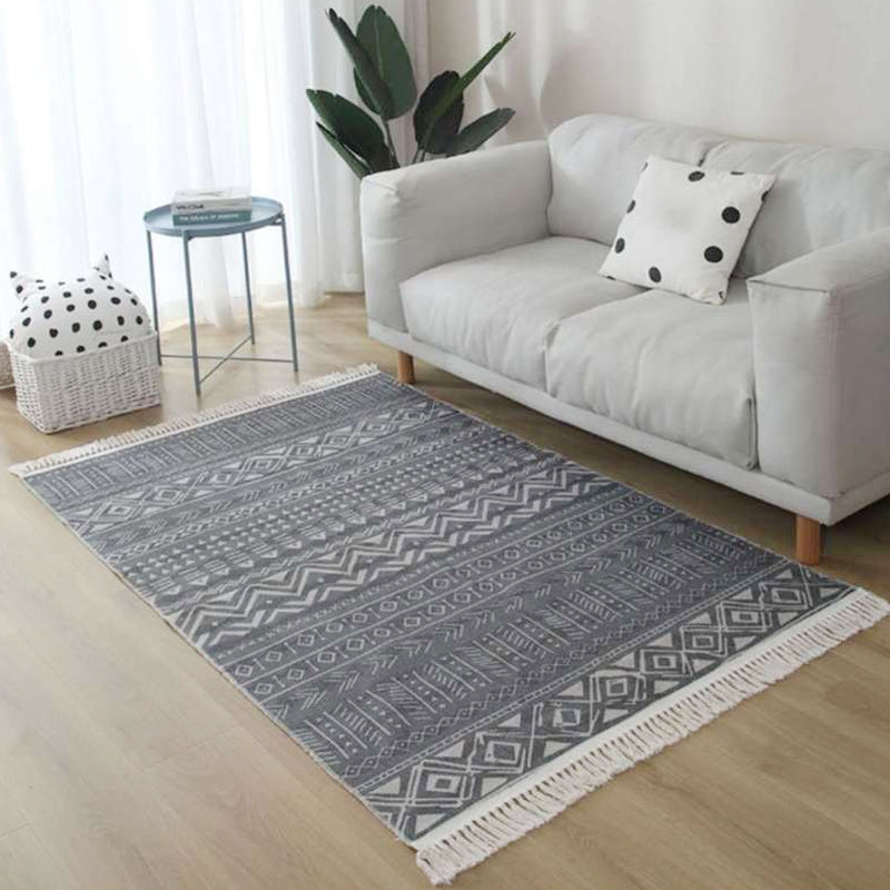 Americana Tribal Pattern Rug Black and White Linen Rug Machine Washable Fringe Area Rug for Bedroom