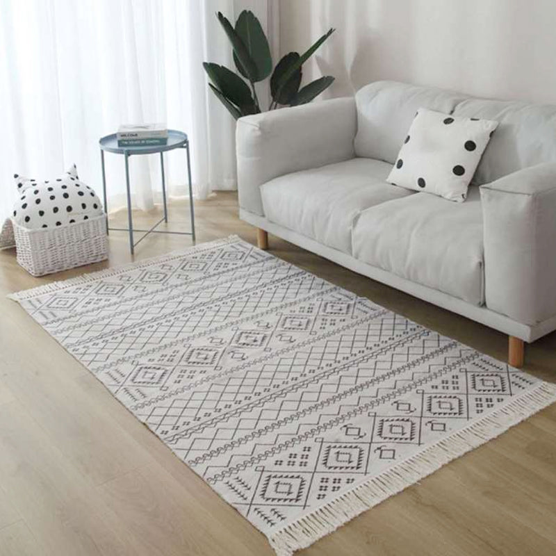 Americana Tribal Pattern Rug Black and White Linen Rug Machine Washable Fringe Area Rug for Bedroom