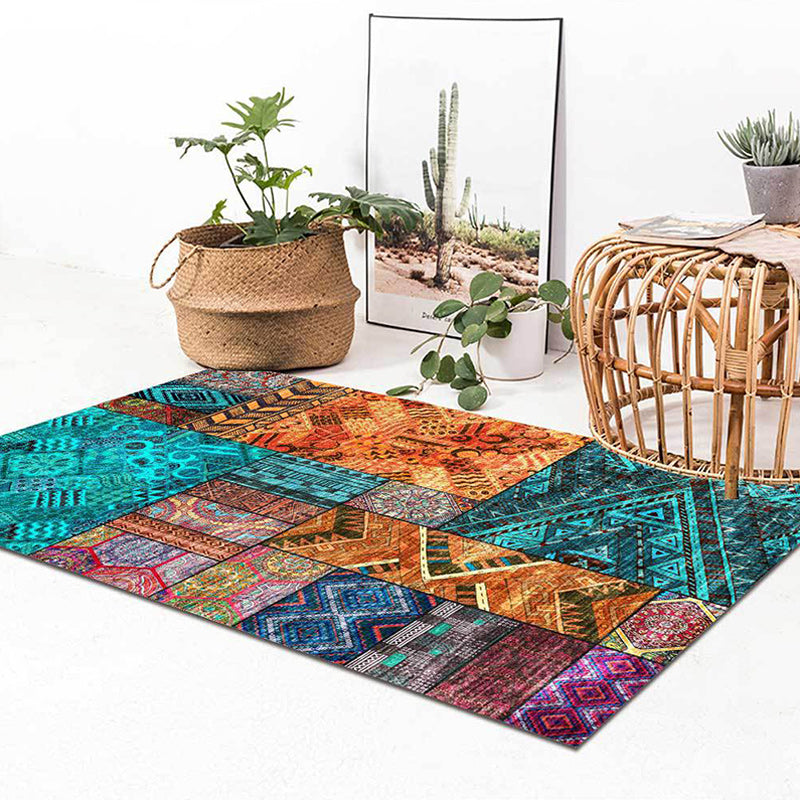 Traditional Tribal Pattern Rug Blue and Orange Southwestern Rug Polyester Machine Washable Anti-Slip Backing Carpet for Bedroom