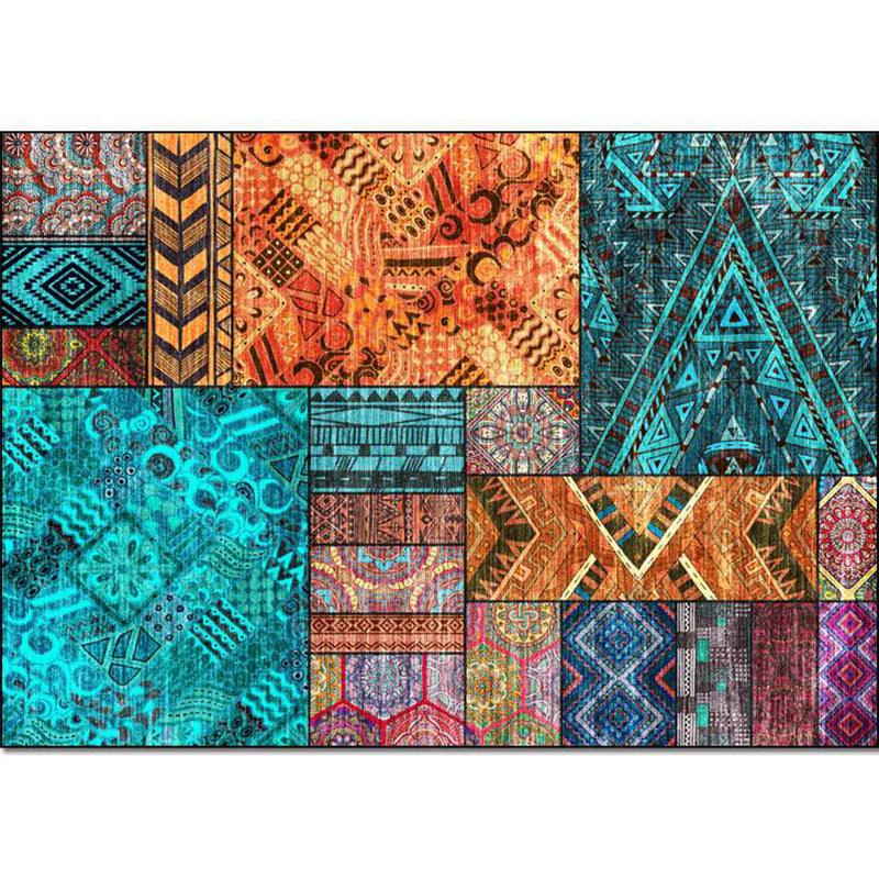 Traditional Tribal Pattern Rug Blue and Orange Southwestern Rug Polyester Machine Washable Anti-Slip Backing Carpet for Bedroom