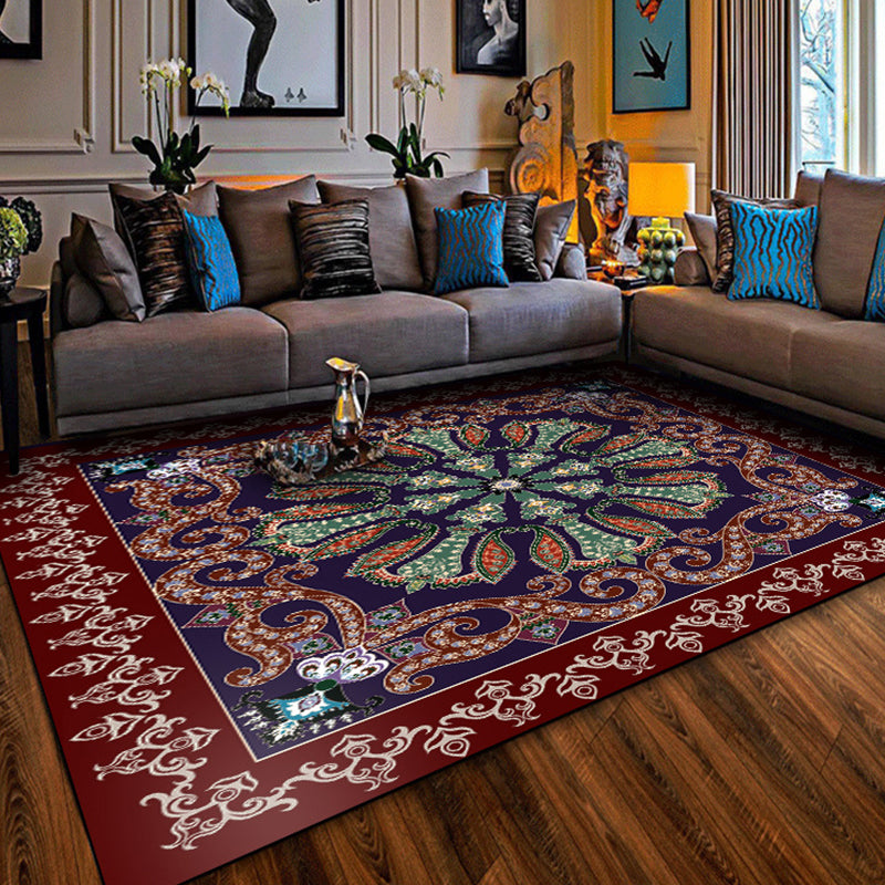 Moroccan Living Room Rug in Red and Blue Medallion Motif Flower Print Rug Polyester Non-Slip Area Rug
