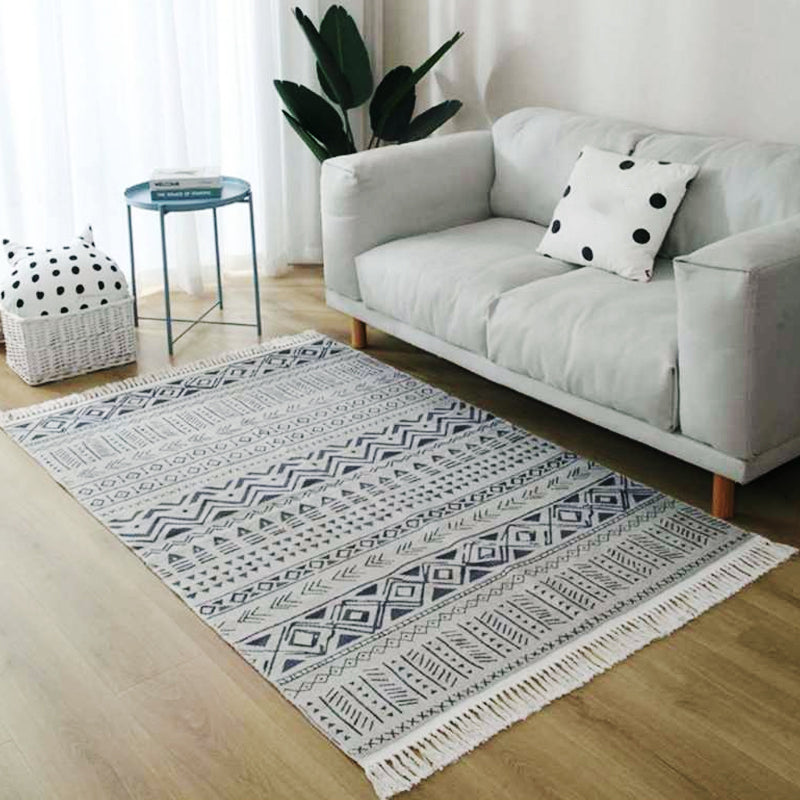 Grey and Blue Southwestern Rug Linen Tribal and Geometric Pattern Rug Washable Fringe Carpet for Living Room