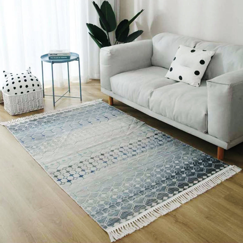 Grey and Blue Southwestern Rug Linen Tribal and Geometric Pattern Rug Washable Fringe Carpet for Living Room