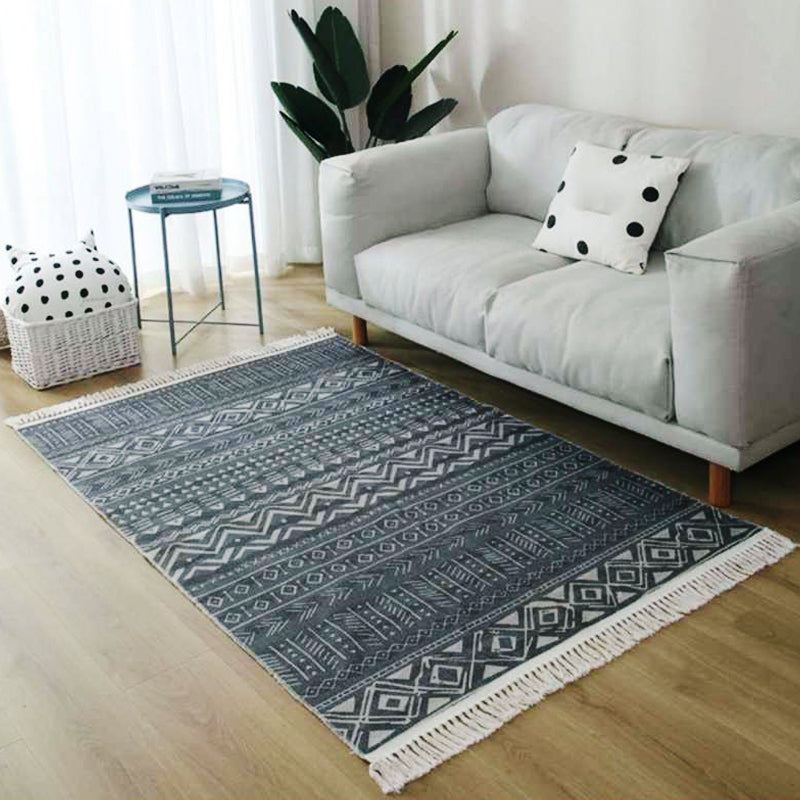 Grey and Blue Southwestern Rug Linen Tribal and Geometric Pattern Rug Washable Fringe Carpet for Living Room