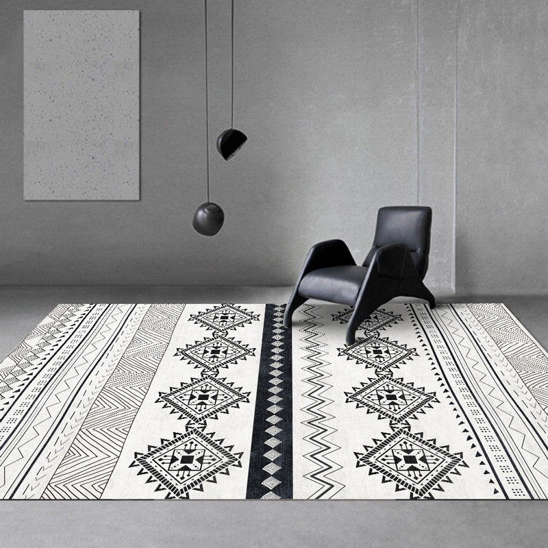 Vintage Southwestern Geometric Pattern Rug White Tribal Rug Polyester Washable Anti-Slip Backing Area Rug for Living Room