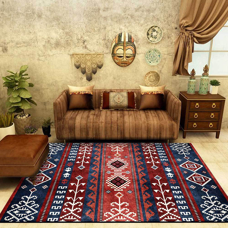 Navy and Red Southwestern Rug Polyester Tribal Pattern Rug Washable Non-Slip Backing Area Rug for Living Room