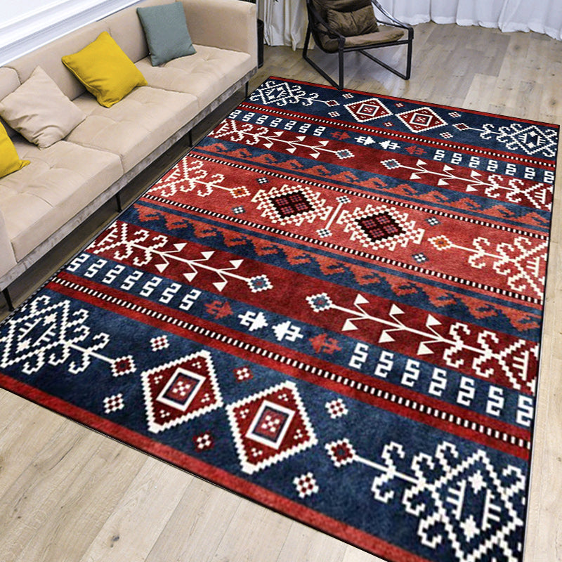 Navy and Red Southwestern Rug Polyester Tribal Pattern Rug Washable Non-Slip Backing Area Rug for Living Room