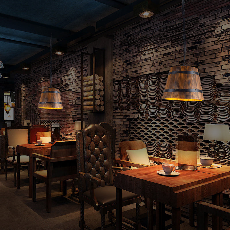 Wood Bucket Hanging Light Single Head Retro Suspension Lamp in Brown for Restaurant