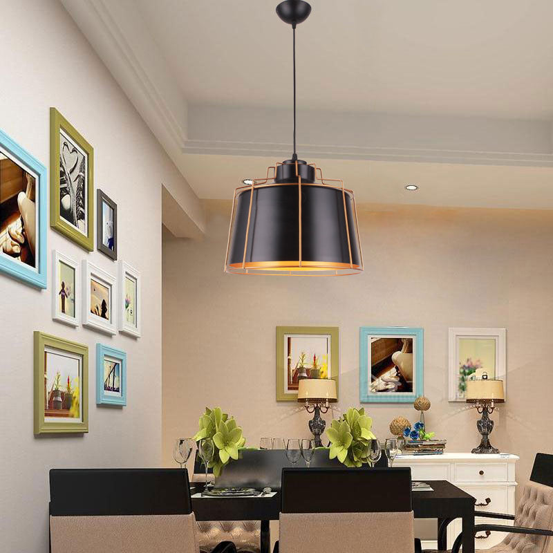 Apparecchiatura da soffitto a soffitto di tamburo in metallo 1 tavolo da pranzo leggero lampada sospensione in nero