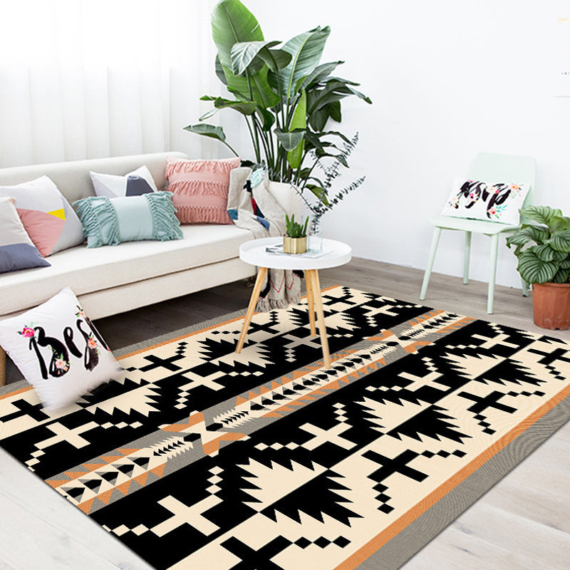 Americana Tribal Geometric Pattern Rug Black and Grey Polyester Rug Machine Washable Non-Slip Area Rug for Bedroom