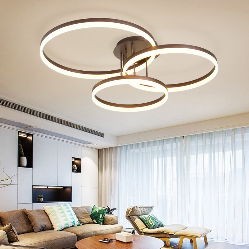 31.5"/35.5" Wide 3-Ring Acrylic Ceiling Light Fixture Modern LED Brown Semi Flush Mount Lamp in Warm/White/Natural Light