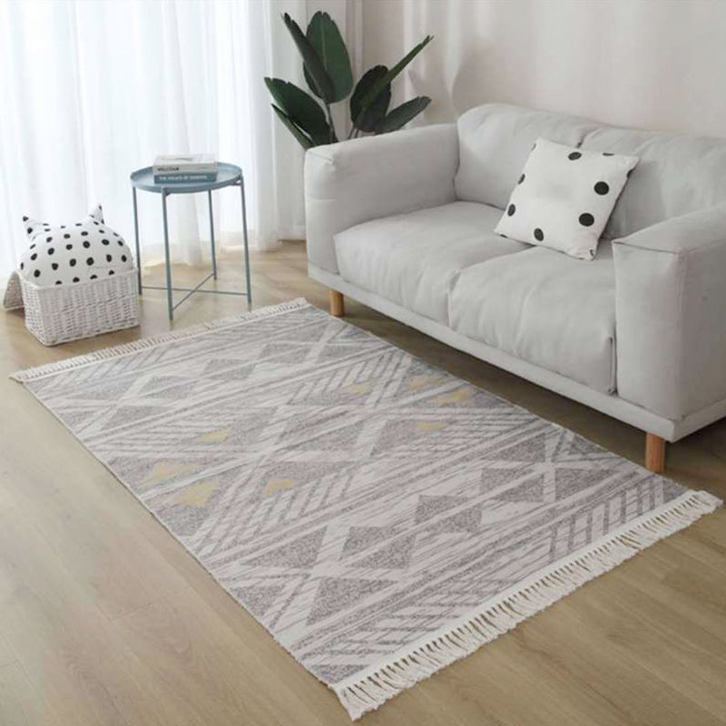 Grey and Brown Southwestern Rug Linen Tribal Geometric and Stripe Pattern Rug Washable Fringe Carpet for Living Room