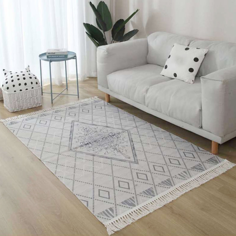 Grey and Brown Southwestern Rug Linen Tribal Geometric and Stripe Pattern Rug Washable Fringe Carpet for Living Room