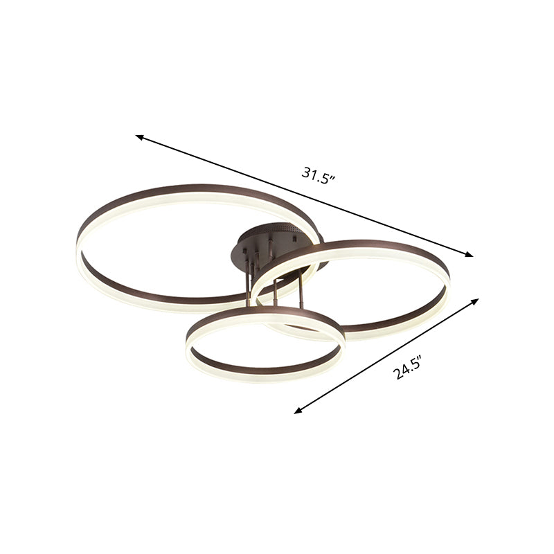 31.5"/35.5" Wide 3-Ring Acrylic Ceiling Light Fixture Modern LED Brown Semi Flush Mount Lamp in Warm/White/Natural Light