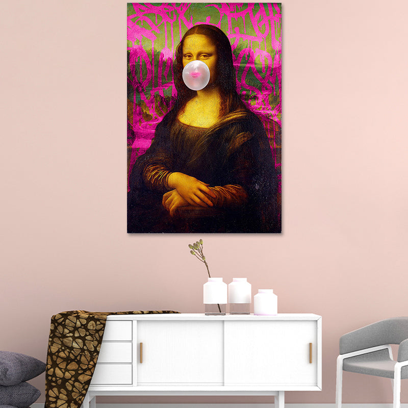 Canvas Textured Art Print Contemporary Mona Lisa Chewing Gum Wall Decor in Red-Brown