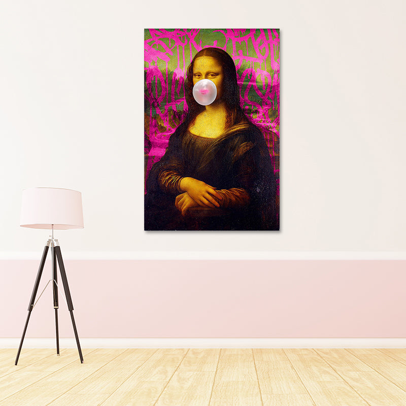 Canvas Textured Art Print Contemporary Mona Lisa Chewing Gum Wall Decor in Red-Brown